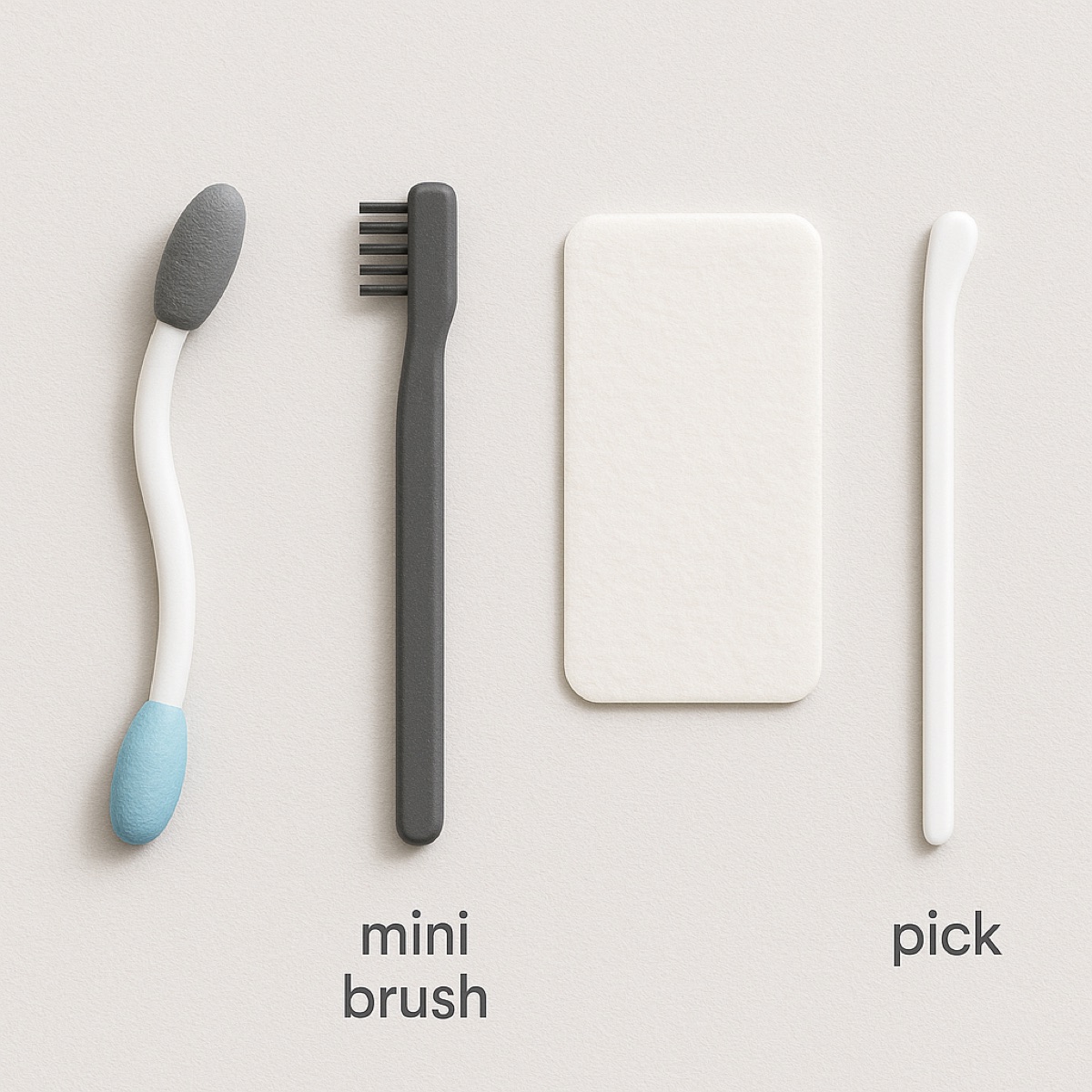 Cleaning swab, mini brush, wipe and pick from the headphone cleaning kit